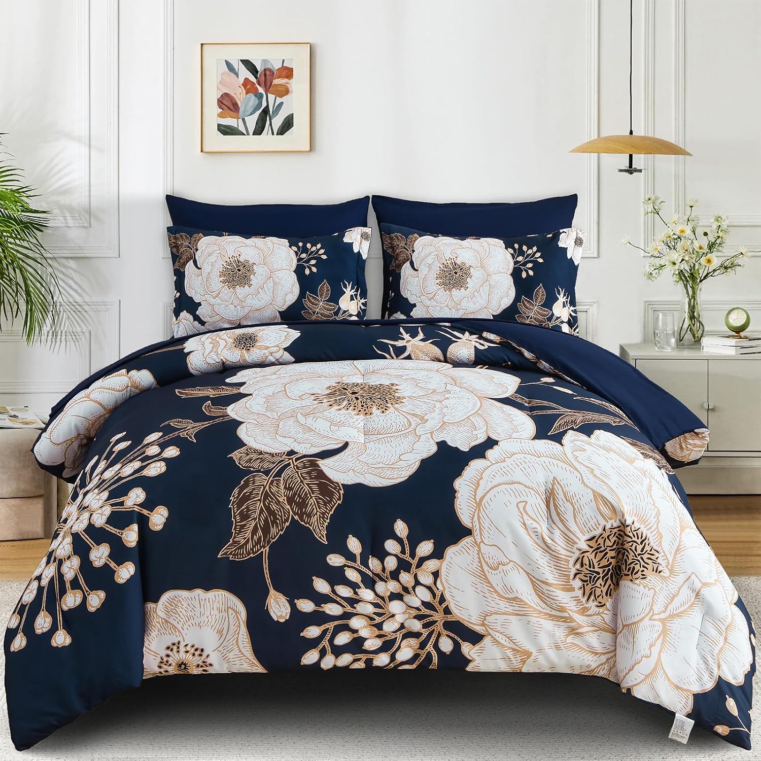 AUCT 23272 - Luxudecor Floral Comforter Set King,7-Piece Bed in a Bag