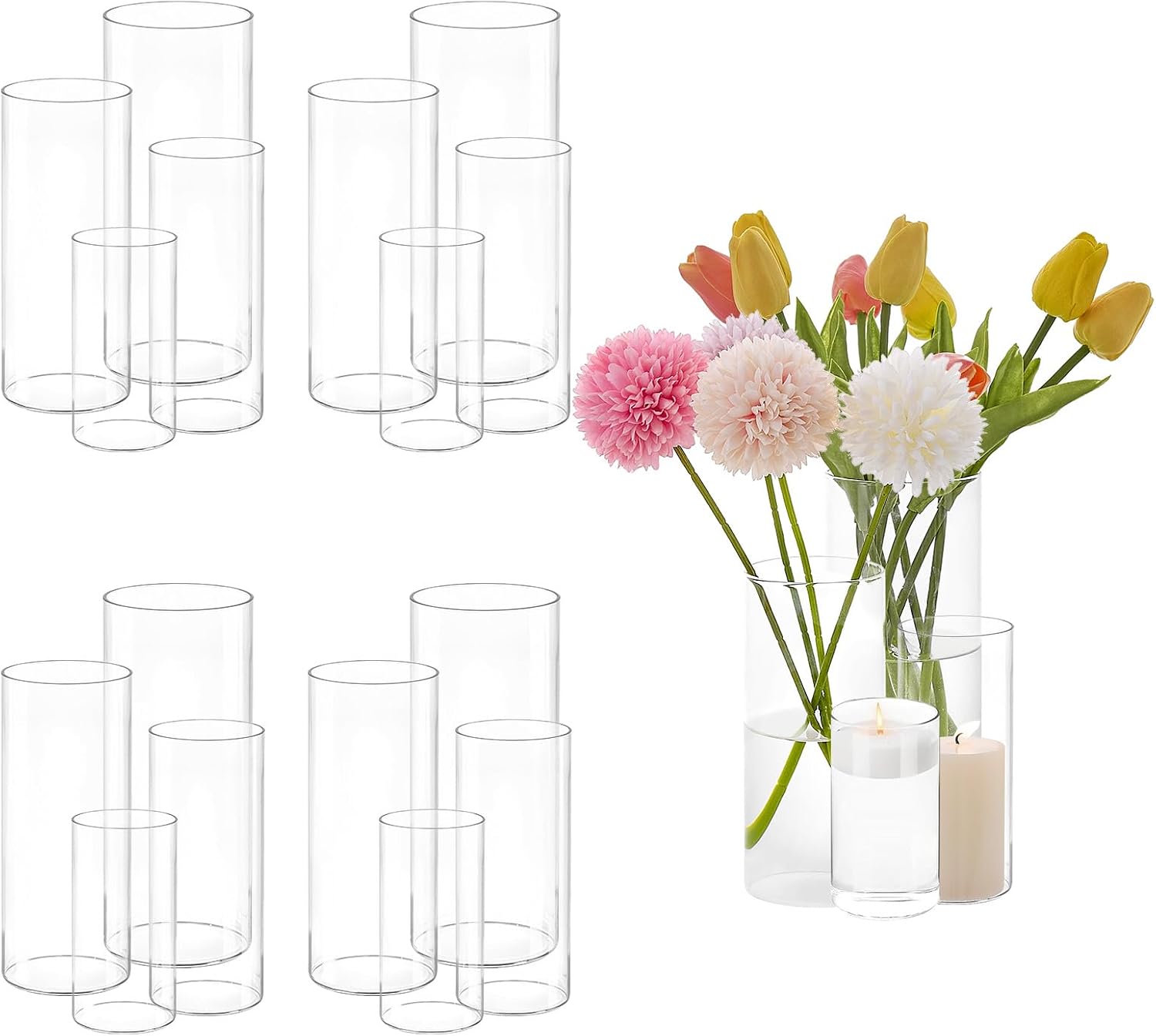 AUCT 23165 - 16 Pcs Cylinder Vases Set, 4,6,8,10 Inch Tall Clear Glass Vases for Centerpieces, Modern F