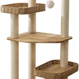 AUCT 24882 - $170 SHENGOCASE Modern Natural Wood Wooden Cat Tree Tower, 3 Large Rattan Wicker Basket Pe
