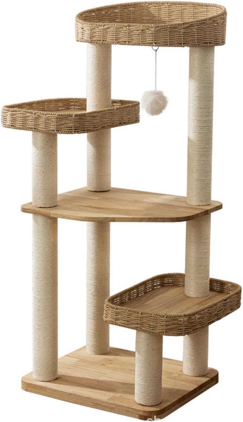 AUCT 24882 - $170 SHENGOCASE Modern Natural Wood Wooden Cat Tree Tower, 3 Large Rattan Wicker Basket Pe