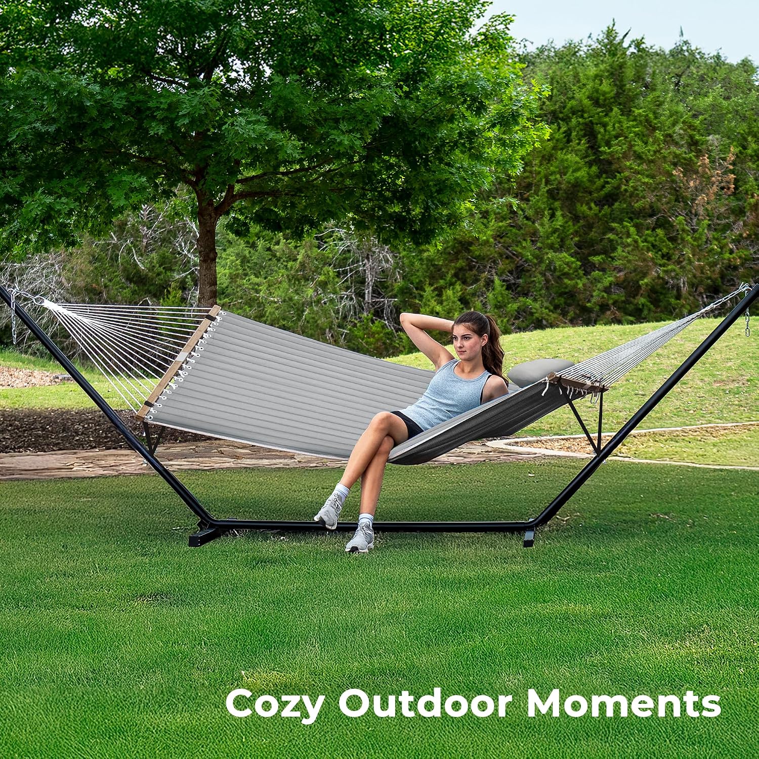 AUCT 24820 - $190 SUPERJARE Hammock with Stand, 2 Person Quilted Outdoor Hammock, Detachable Pillow & B - Image 2