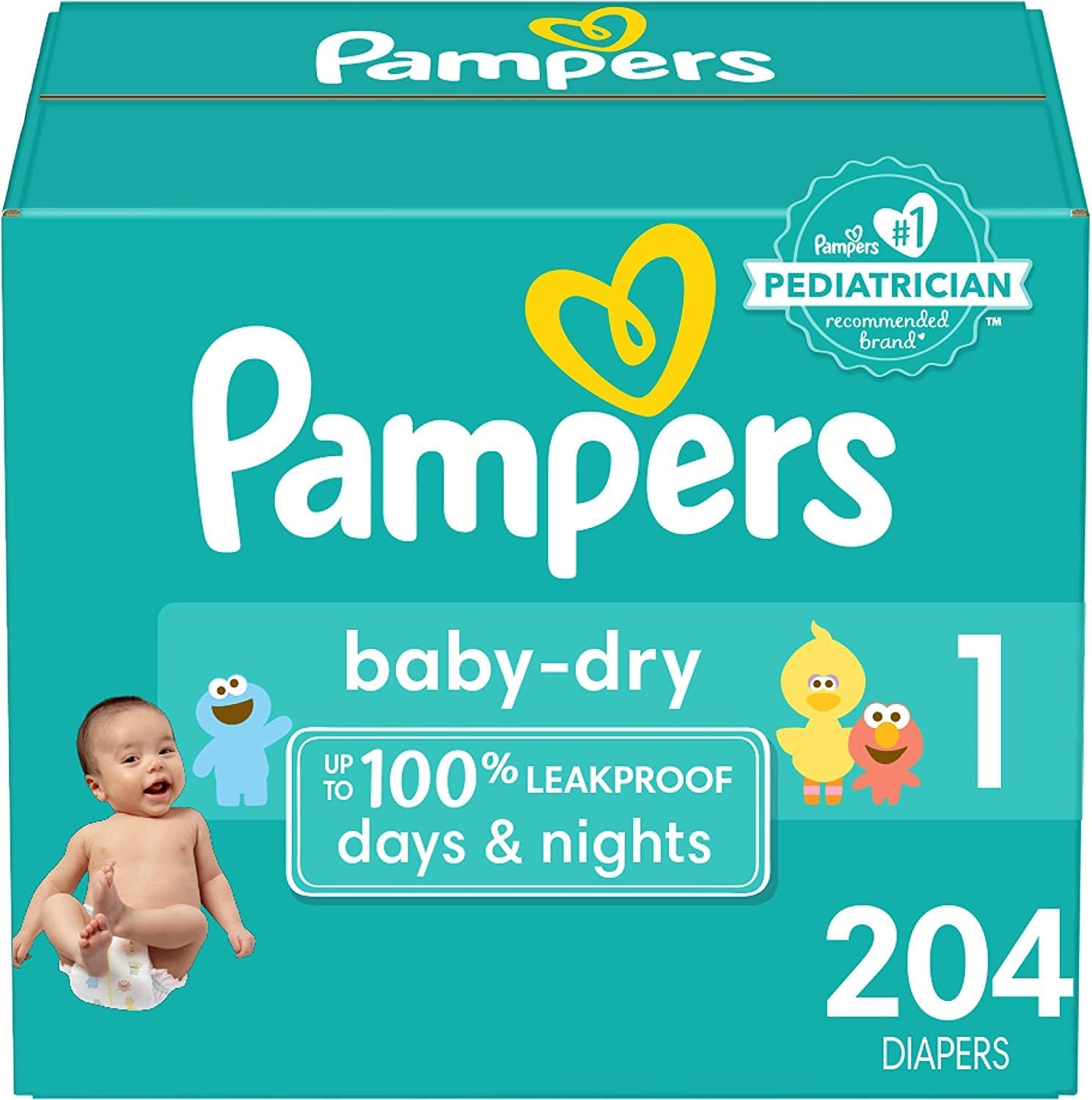 AUCT 24816 - Pampers Baby Dry Ultra Cushiony Diapers, Size 1 (8-14 lbs), 204 Count, Up to 100% Leakproo