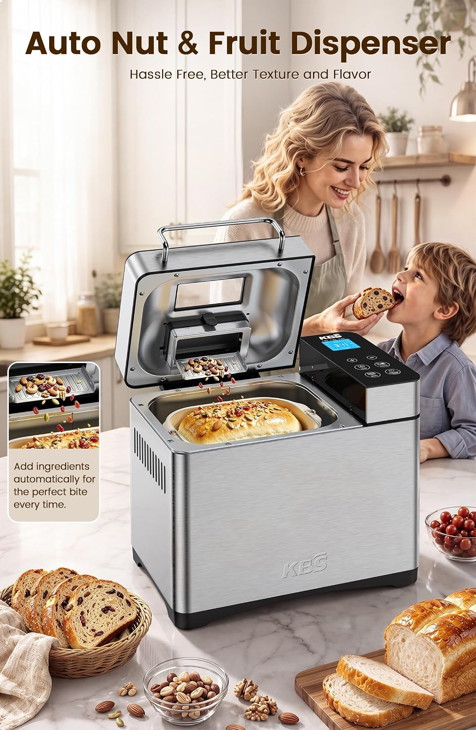 AUCT 24961 - $94 KBS Pro 710W 2.2LB Bread Maker, Stainless Steel 17-in-1 Smart Bread Machine with Healt - Image 4