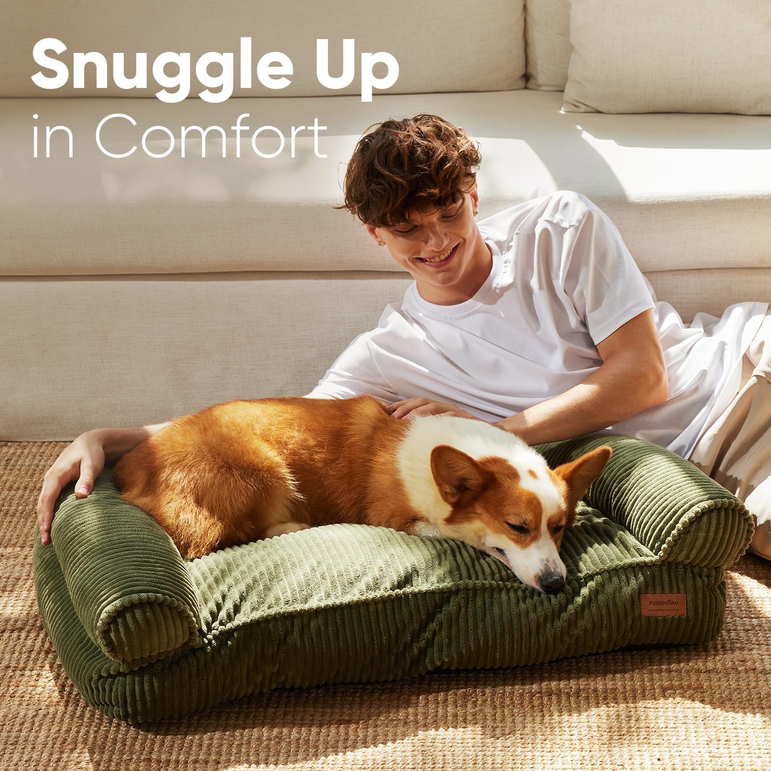 AUCT 23119 - FUKUMARU Dog Couch Bed, Corduroy Cozy Cat Bed, Waterproof, Washable Cover - Image 3