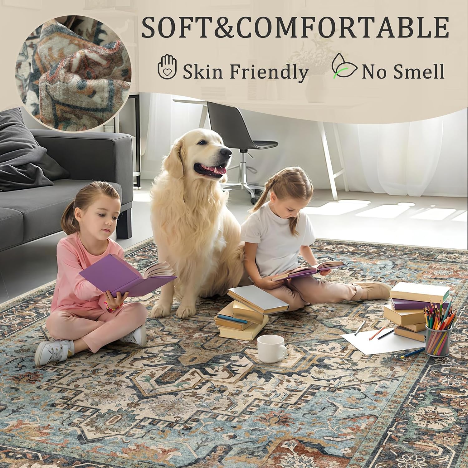 AUCT 22904 - $72 Washable 8x10 Area Rug Blue Vintage Floral Non-Slip for Living Room Bedroom - Image 4