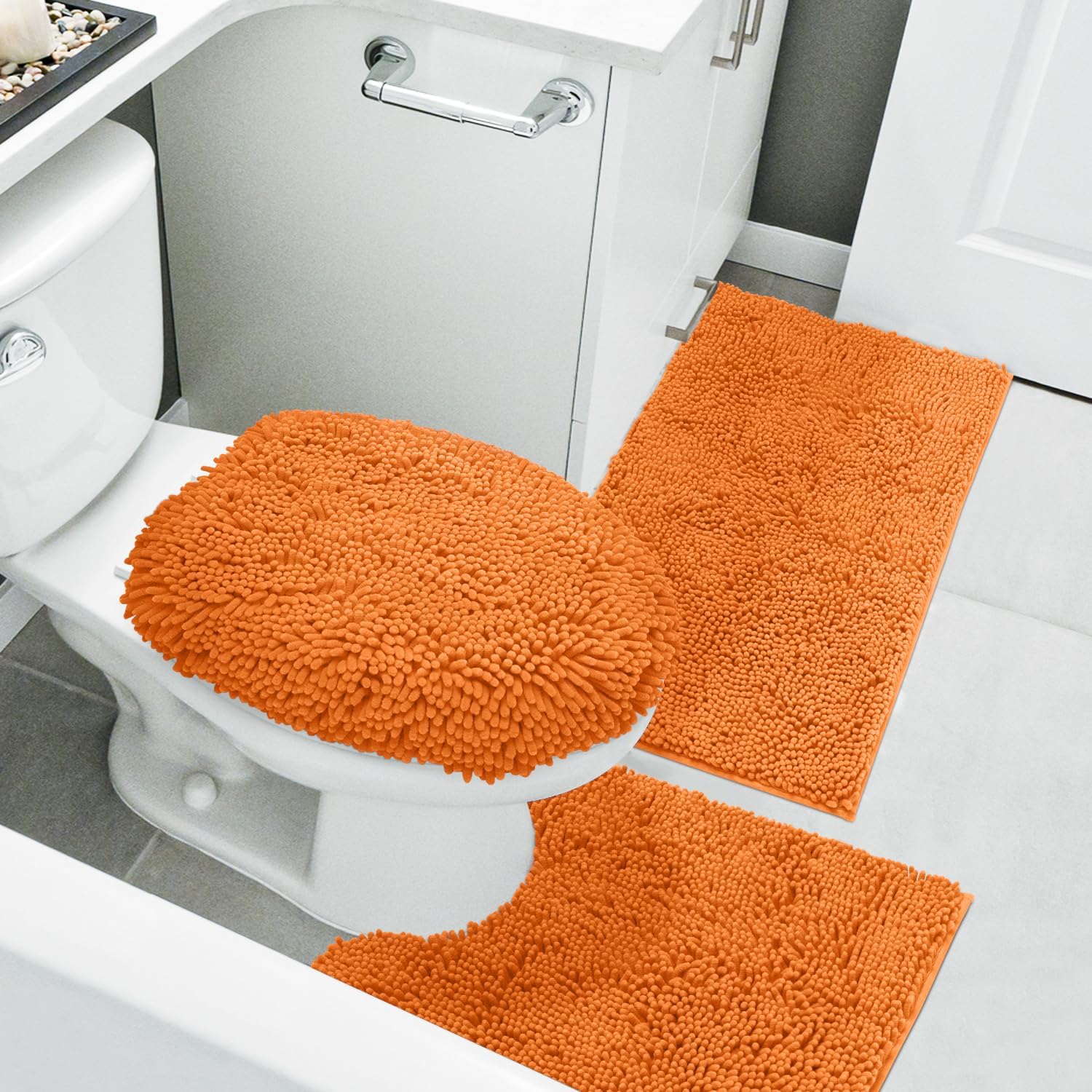 AUCT 22987 - HOMEIDEAS 3 Pieces Orange Bathroom Rugs Set, Ultra Soft Non Slip Bath Rug and Absorbent Ba - Image 2