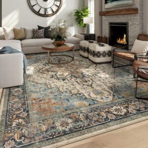 AUCT 22904 - $72 Washable 8x10 Area Rug Blue Vintage Floral Non-Slip for Living Room Bedroom