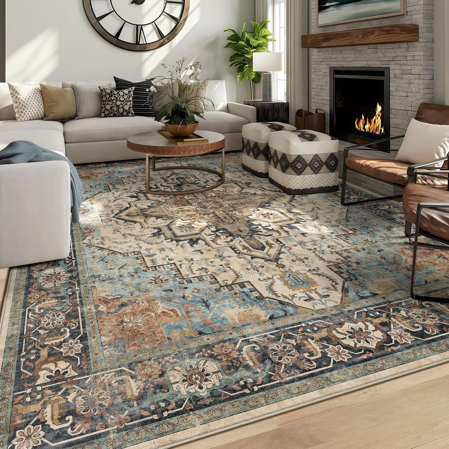 AUCT 22904 - $72 Washable 8x10 Area Rug Blue Vintage Floral Non-Slip for Living Room Bedroom