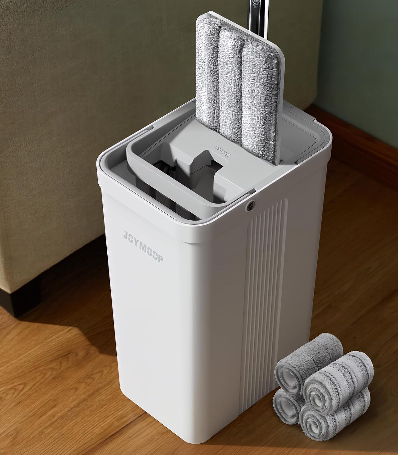 AUCT 23155 - JOYMOOP Flat Mop System, Microfiber Mop and Bucket Set, White, Commercial & Household Use,