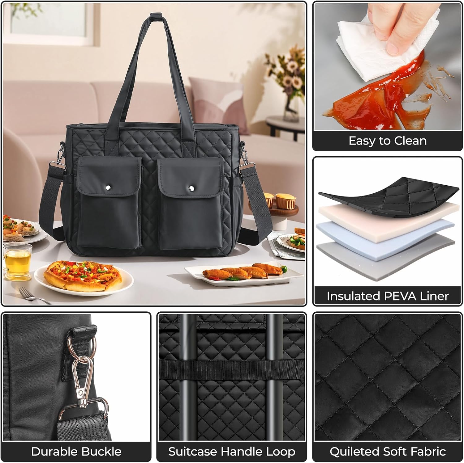 AUCT 24826 - Quilted Lunch Box for Women Large Insulated Lunch Tote Bag Elegant Work Lunch bag with Sho - Image 4