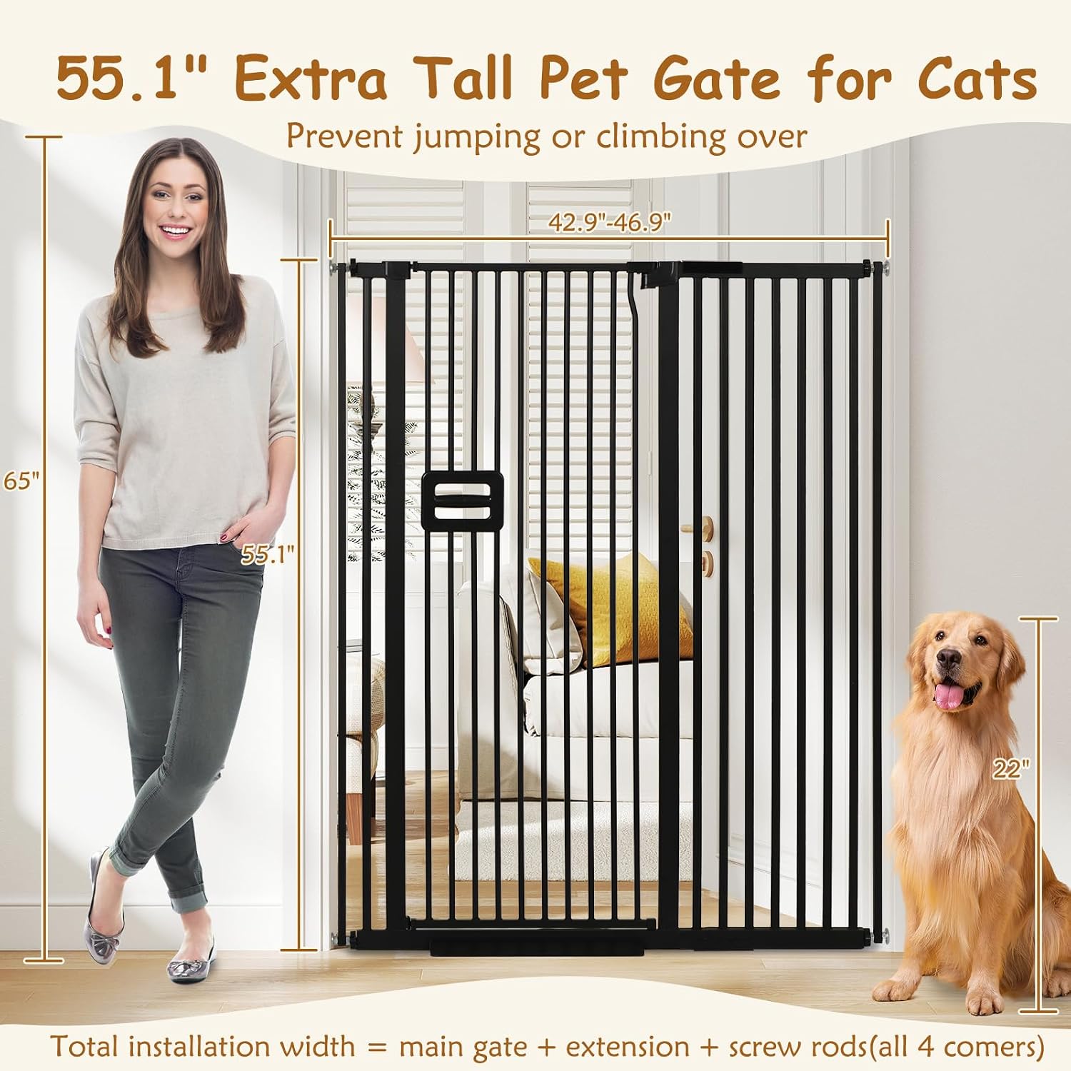 AUCT 22751 - $107 55' Extra Tall Cat Gate, 42.9"-46.9" Wide Auto Close Tall Pet Gate for Doorways, Pres - Image 2