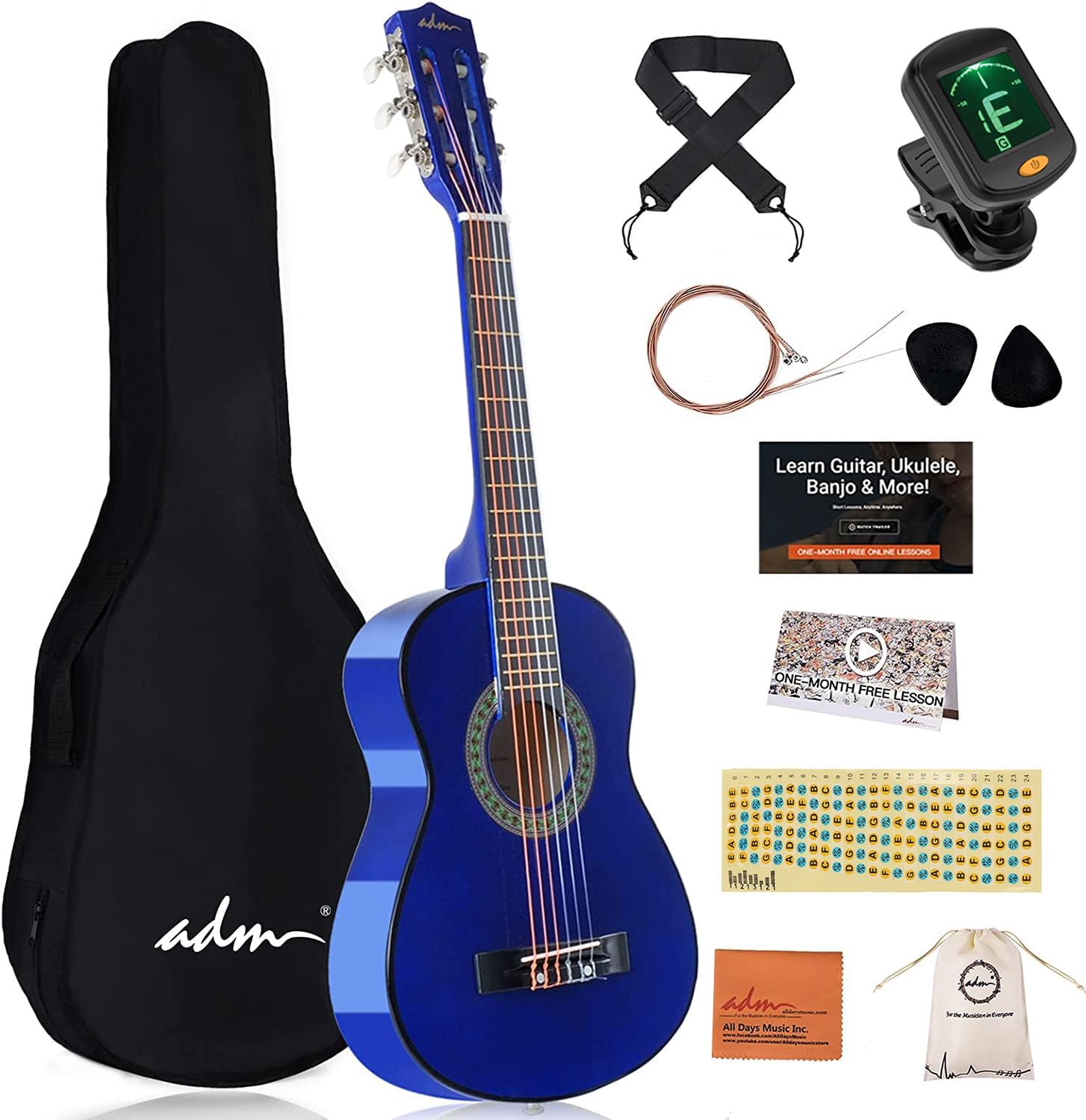 AUCT 23738 - $69 ADM Beginner Acoustic Classical Guitar 30 Inch Nylon Strings Wooden Guitar Bundle Kit