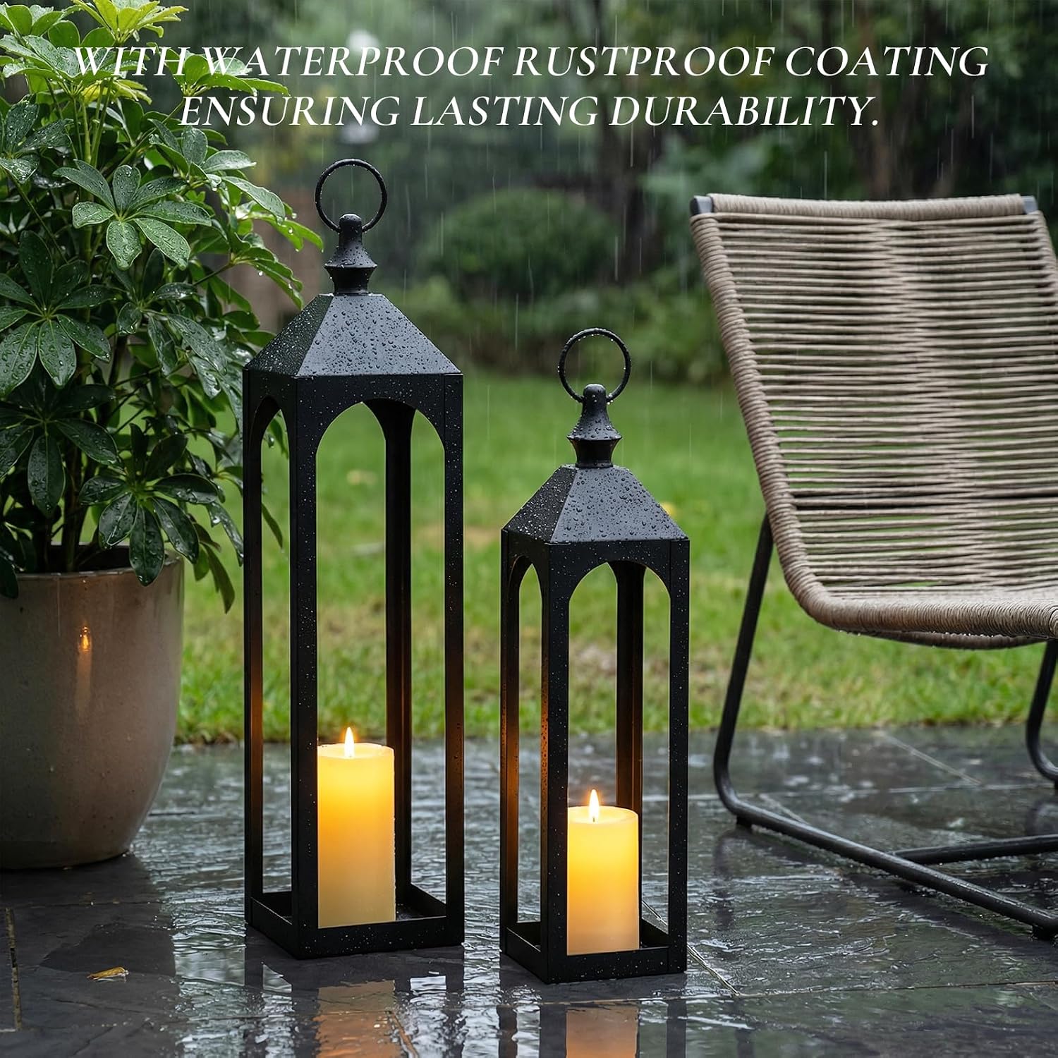 AUCT 23151 - 24" & 20" Large Outdoor Floor Lantern, Black Fall Porch Decor - Image 3