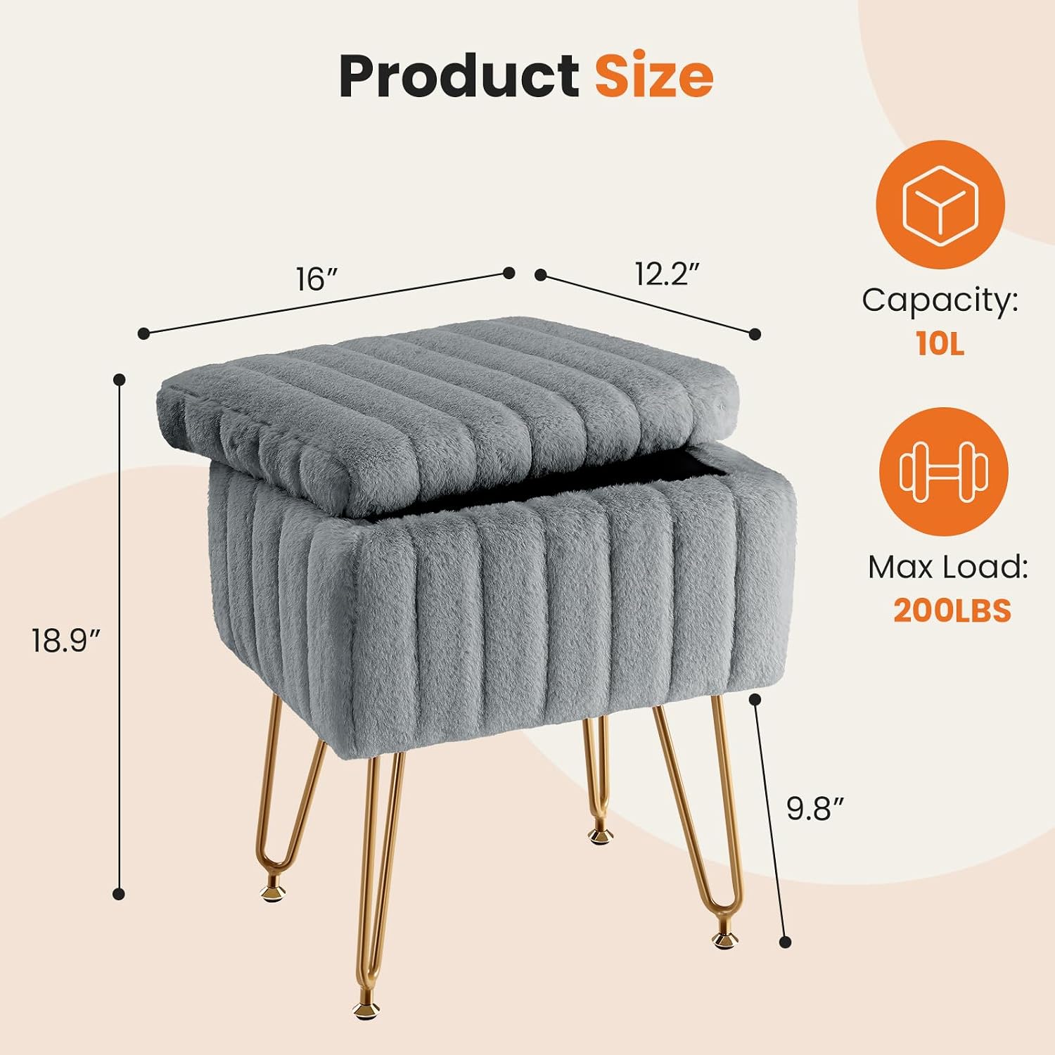 AUCT 23223 - Sweetcrispy Vanity Stool Chair with Storage, 18.9"H x 16"L x 12.2"W Ottoman Chair Faux Fur - Image 3