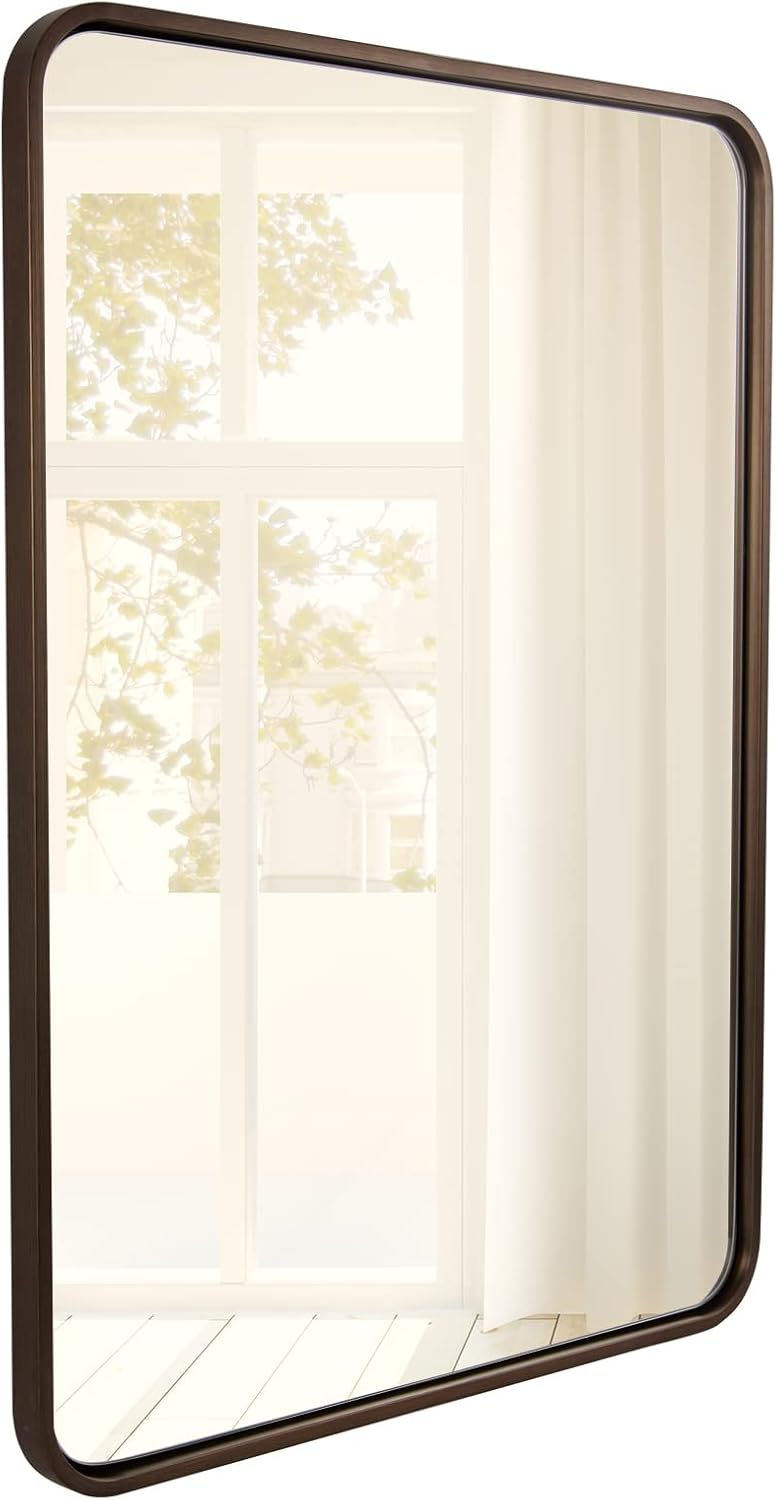 AUCT 24991m - $205 Bronze Mirror for Wall, 20x28 Rounded Rectangle Farmhouse Mirror, Brushed Bronze Bath