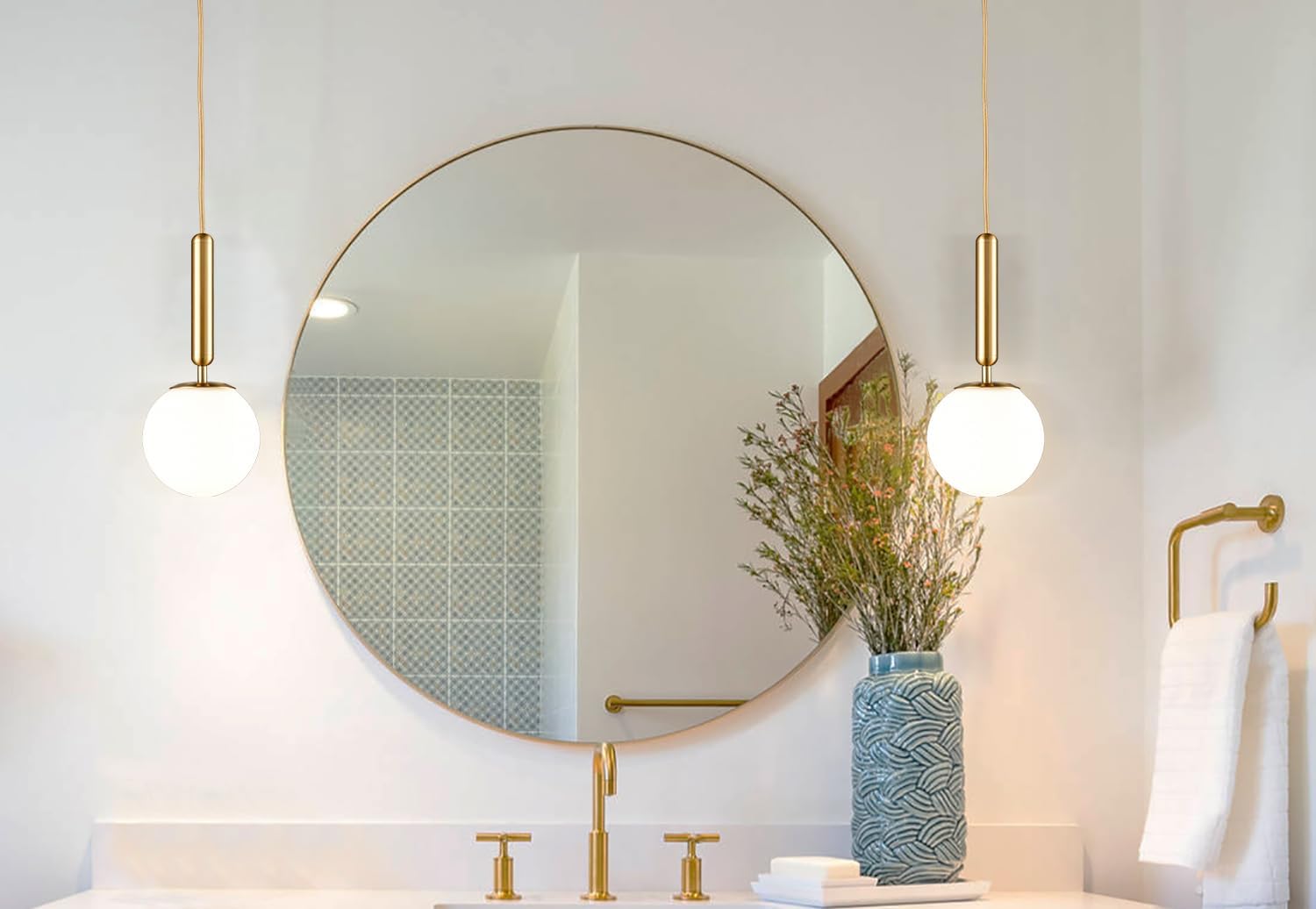 AUCT 23195 - $106 DIRYZON Brass Pendant Lights Kitchen Island Set of 2,Modern Hanging Light Fixture Glo - Image 2