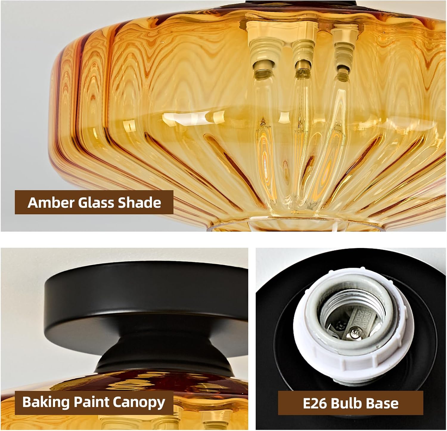 AUCT 23075 - $65 Glass Semi Flush Ceiling Lights - 12 Inch Vintage Amber Drum Mount Fixtures - Image 4