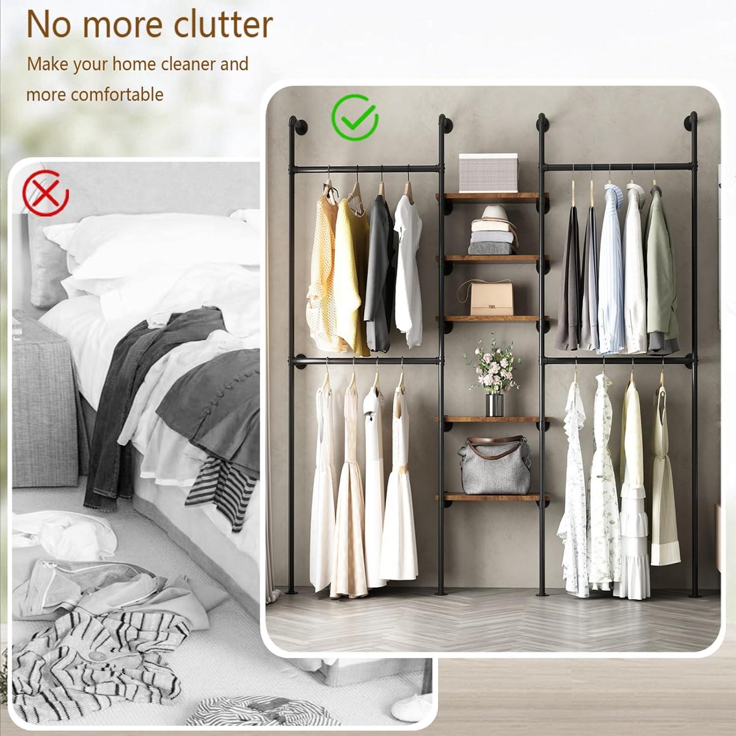 AUCT 24860 - $190 Industrial Pipe Clothing Racks with 5 Shelves, Wall Mounted Clothes Rack for Hanging - Image 4