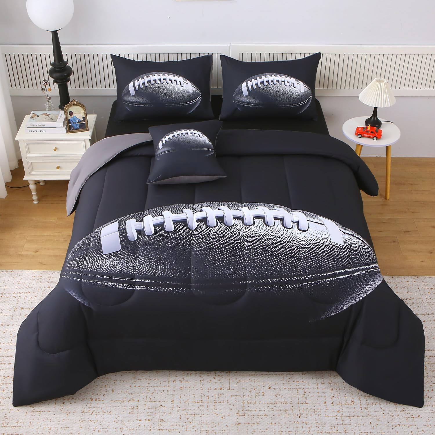 AUCT 23250 - $53 JQinHome Full Football Themed Comforter Sets for Boys, 6 Piece Bed in A Bag 3D Sport B