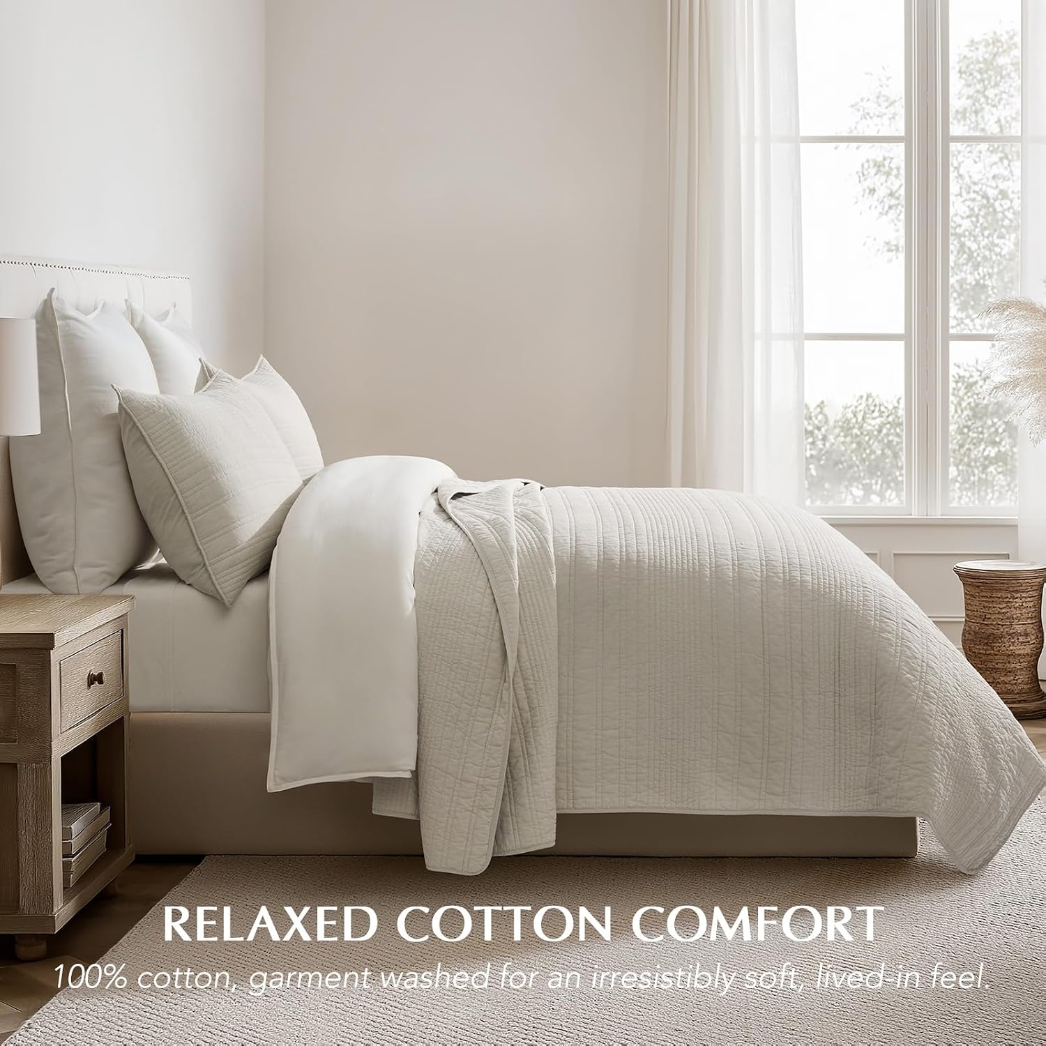 AUCT 23054 - $100 EVERGRACEHOME 100% Cotton Modern Lines Quilt Set King Size, Birch - Image 2