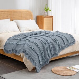 AUCT 24101 - Ultra Soft Pre-Washed Quilted Boho Dark Blue King Size Blankets for Bed, Ruffle Fringed De