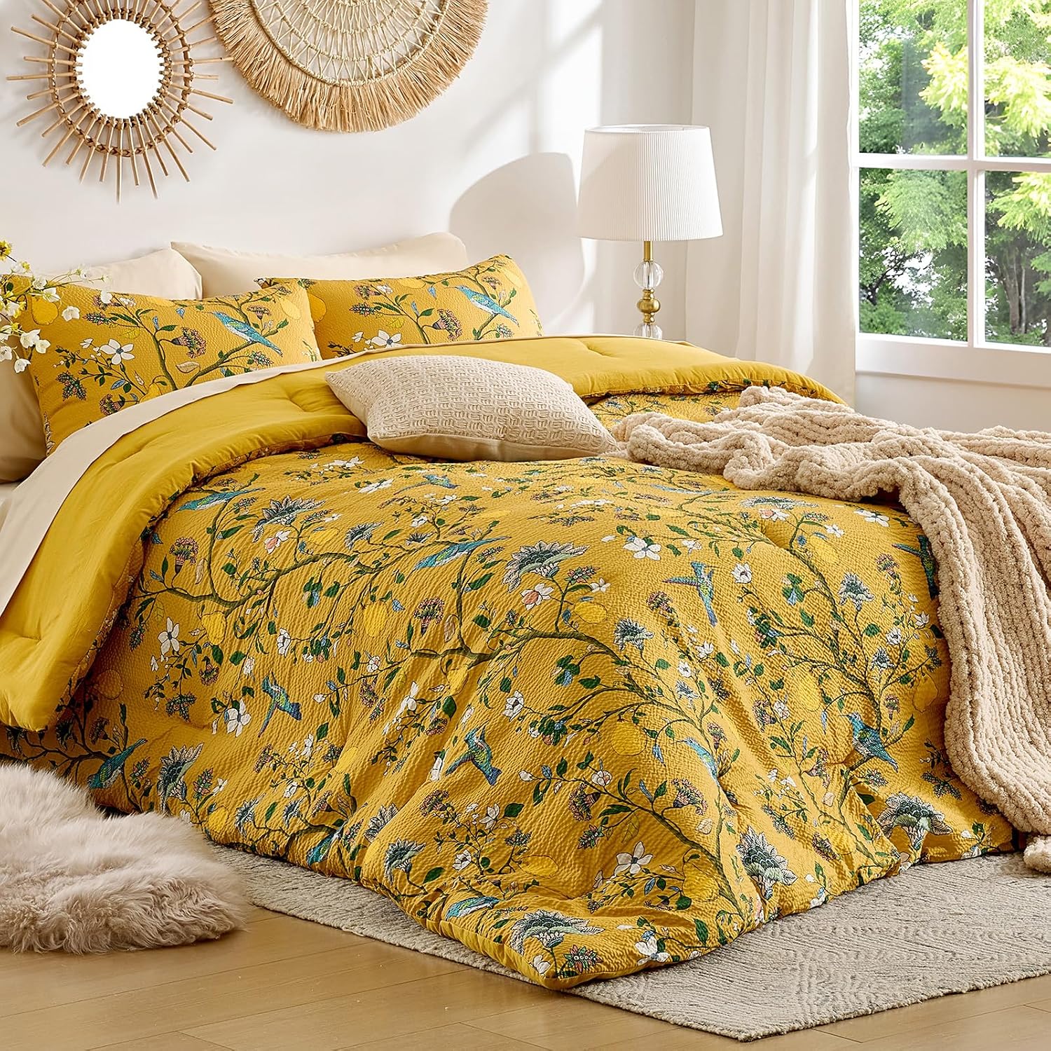 AUCT 22975 - $53 MUSSEL Yellow Bedding Queen Comforter Set 3 Pieces,Vintage Botanical Floral Pattern Be - Image 2