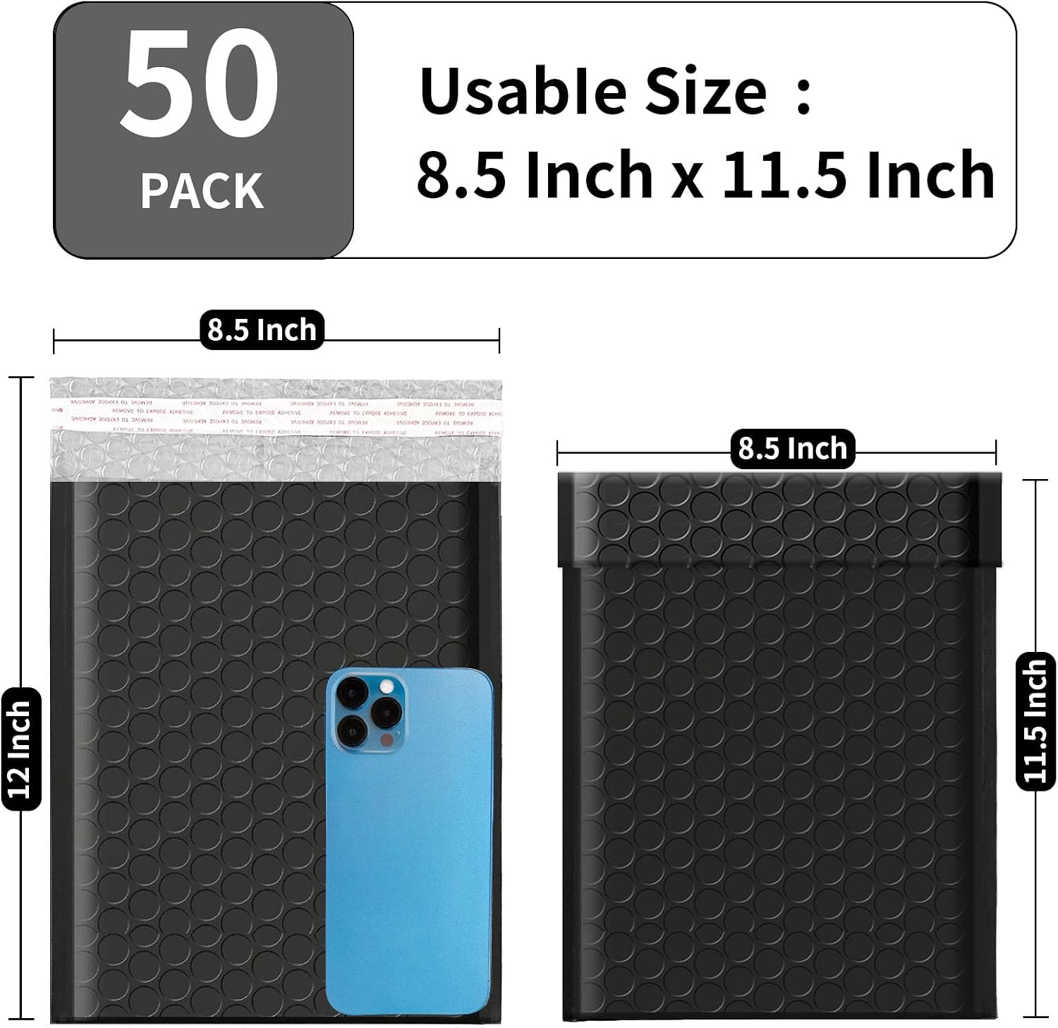 AUCT 22983 - 8.5 x 11 Bubble Mailers 50 Pack - Outer Size 9x12 Heavy Duty Black Padded mailer with Self - Image 2