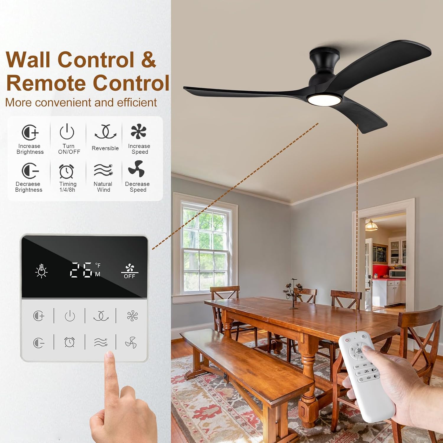 AUCT 24885 - $89 Black Ceiling Fans with Lights Flush Mount,52 inch Solid Wood,Remote Control,Wall Swit - Image 2