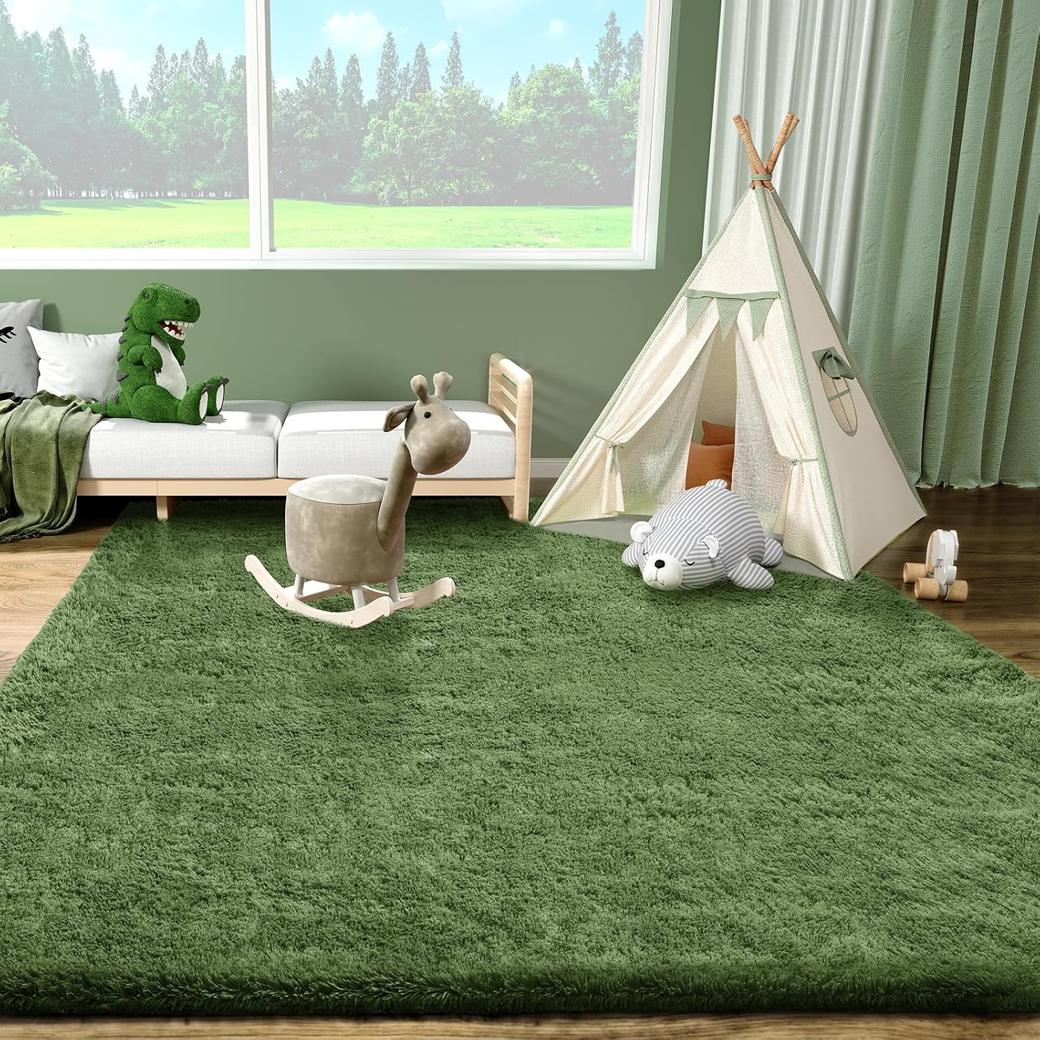 AUCT 24920 - Ophanie Gray Green Rug Grass Area Rugs for Bedroom,4x6 Shag Fluffy Carpet,Fuzzy Furry Plus - Image 3