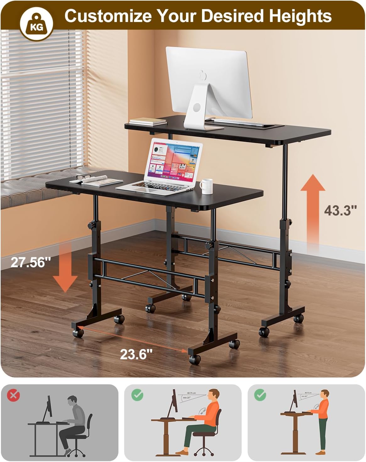 AUCT 22831 - $70 Small Standing Desk Adjustable Height,Mobile Stand Up Desk with Wheels - Image 3