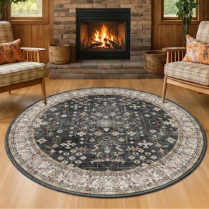 AUCT 22915 - $70 Black Boho Living Room Round Rug 6ft - Washable Dark Vintage Moody Low Pile Non Slip C