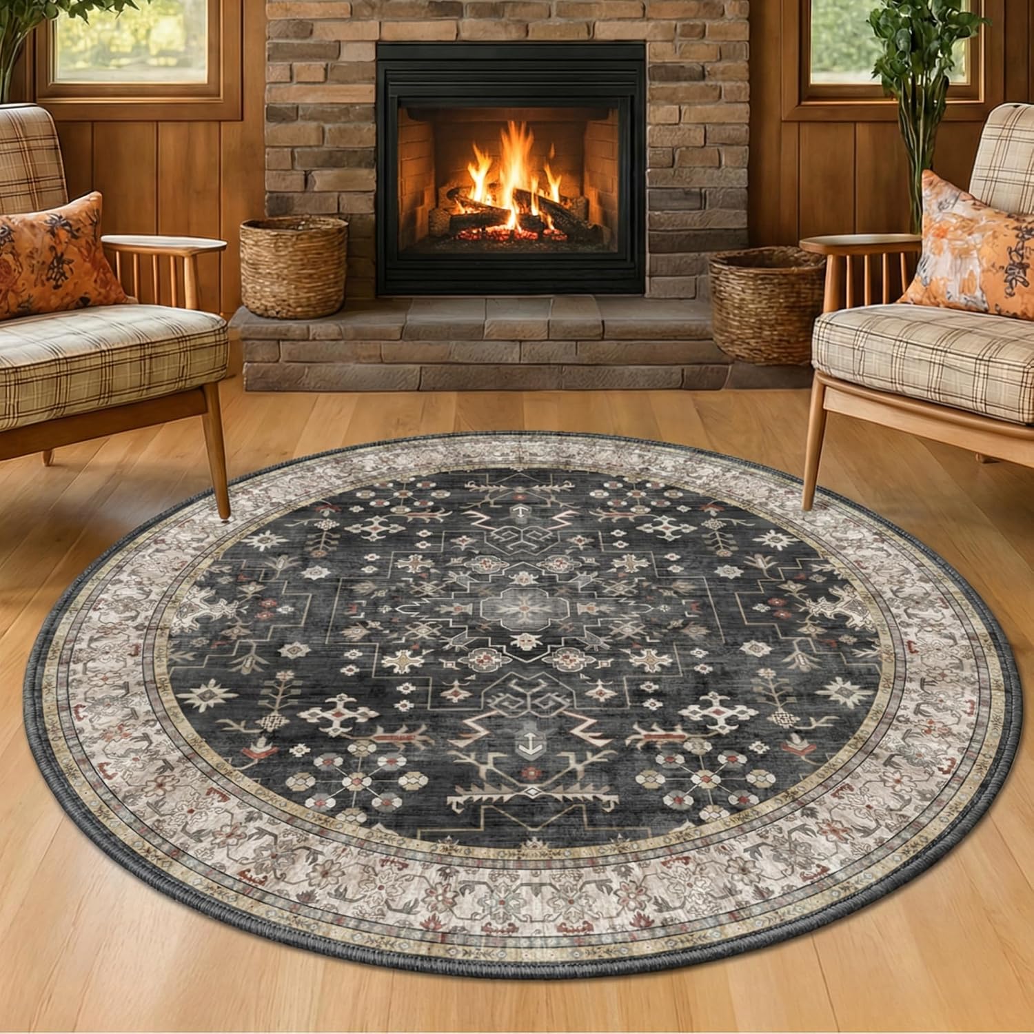 AUCT 22915 - $70 Black Boho Living Room Round Rug 6ft - Washable Dark Vintage Moody Low Pile Non Slip C
