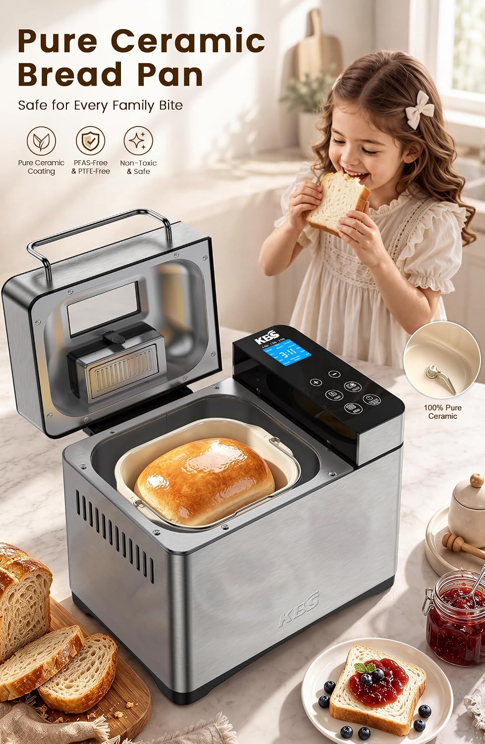 AUCT 24961 - $94 KBS Pro 710W 2.2LB Bread Maker, Stainless Steel 17-in-1 Smart Bread Machine with Healt - Image 3