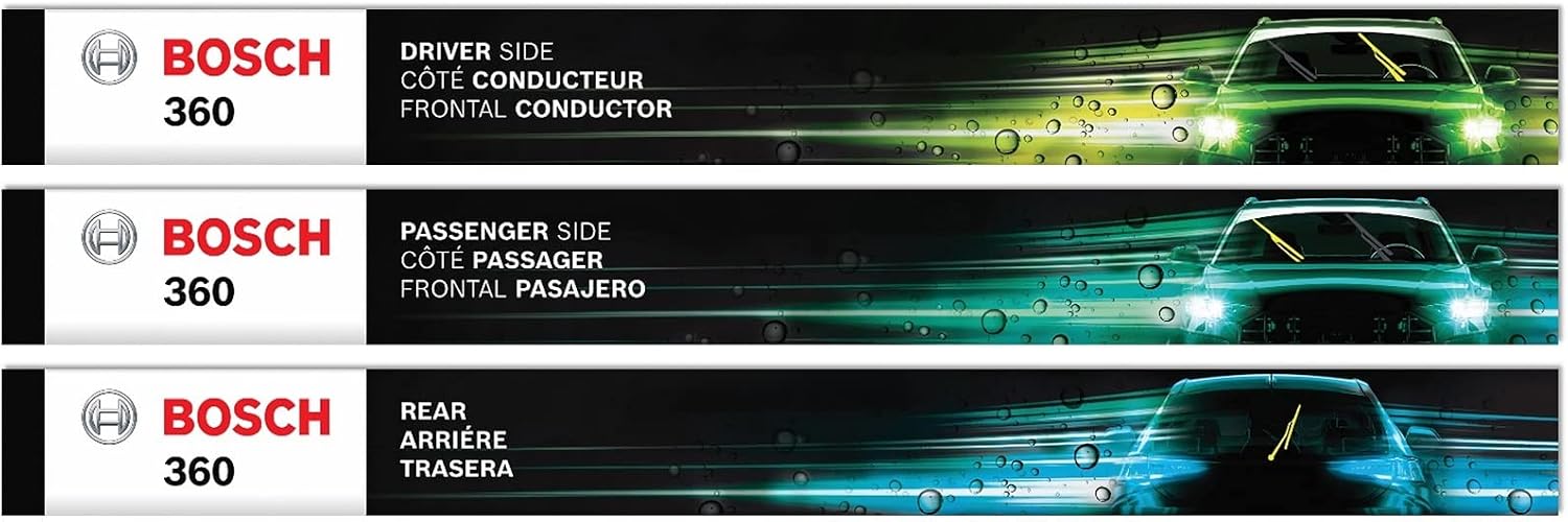 AUCT 22821 - BOSCH B36009 360 Beam Wiper Blade Set - Front (2) + Rear (1) - 20"/20"/12"