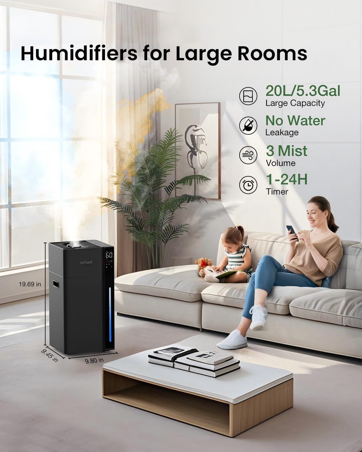 AUCT 24924 - $99 Mifasol Humidifier Large Room, 5.3Gal/20L Cool Mist Humidifiers for Home 1500 sq ft, D - Image 2