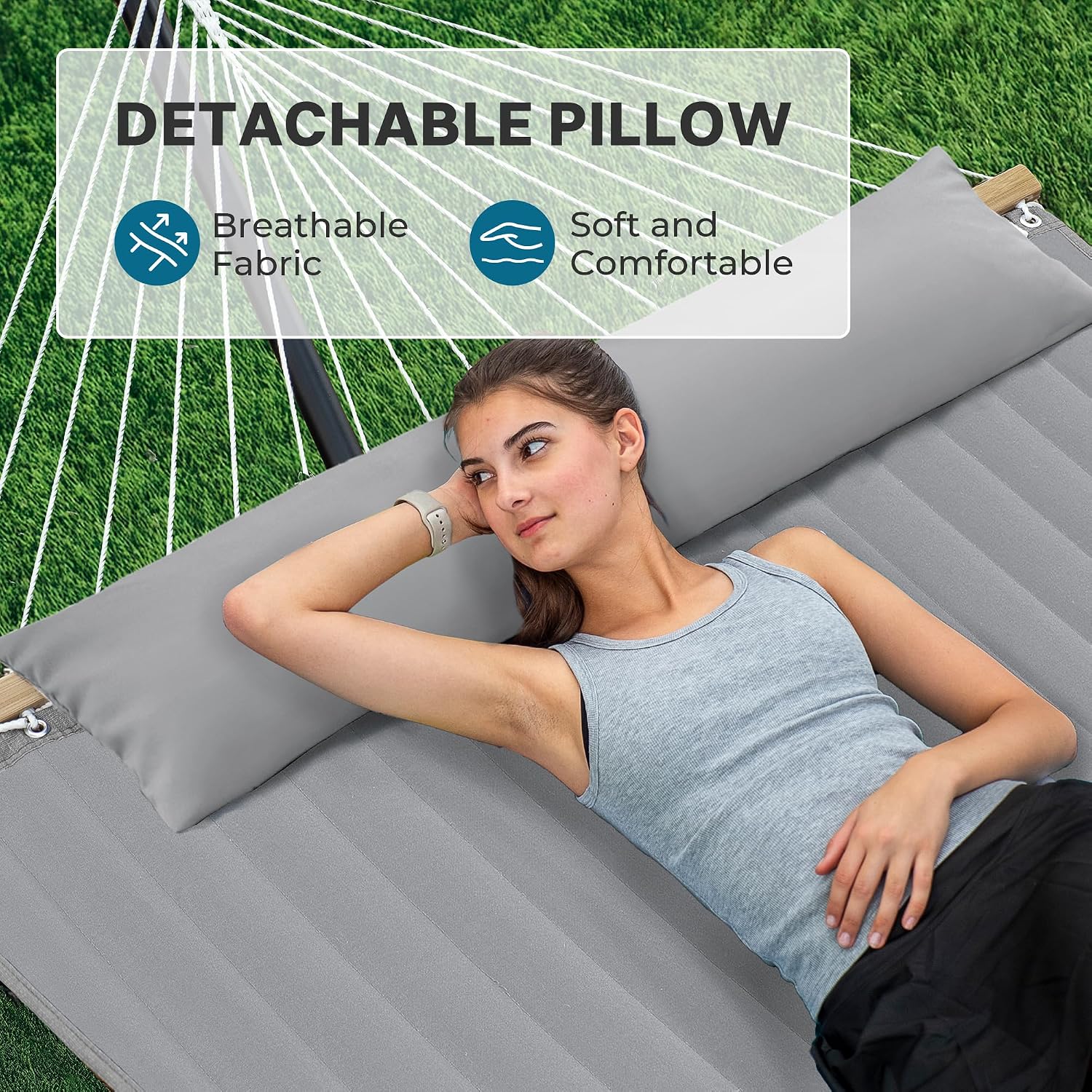 AUCT 24820 - $190 SUPERJARE Hammock with Stand, 2 Person Quilted Outdoor Hammock, Detachable Pillow & B - Image 4