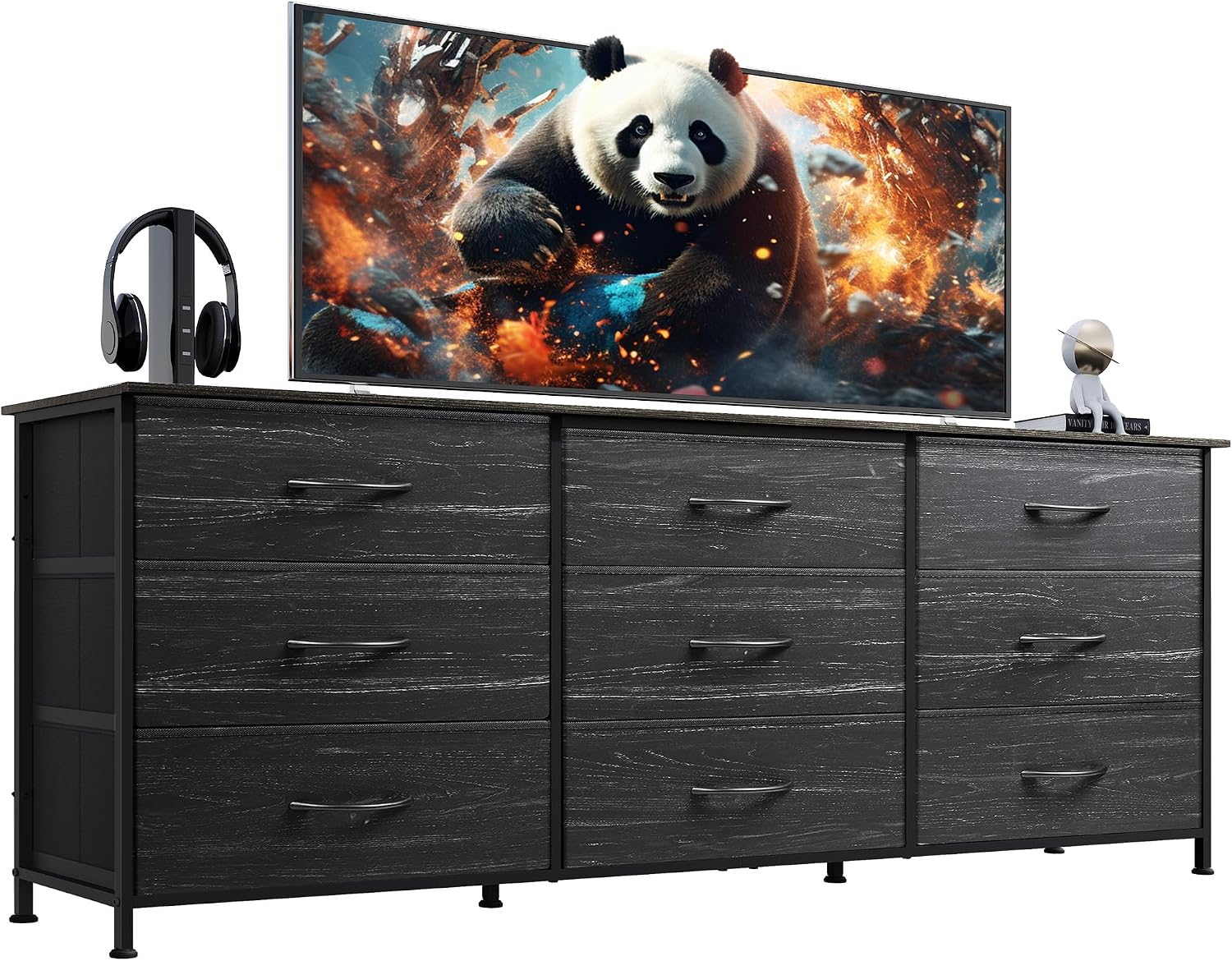 AUCT 23281 - $86 WLIVE Dresser TV Stand for 75 Inches TV, 9 Fabric Drawers, Black Wood Grain