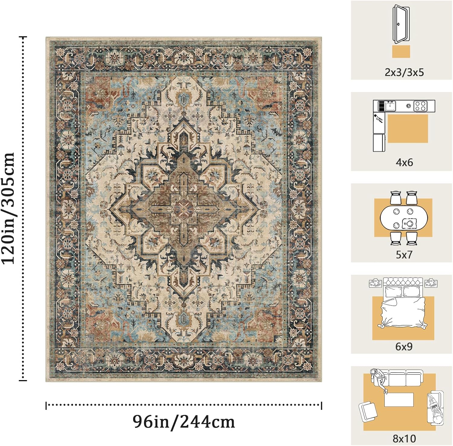 AUCT 22904 - $72 Washable 8x10 Area Rug Blue Vintage Floral Non-Slip for Living Room Bedroom - Image 2