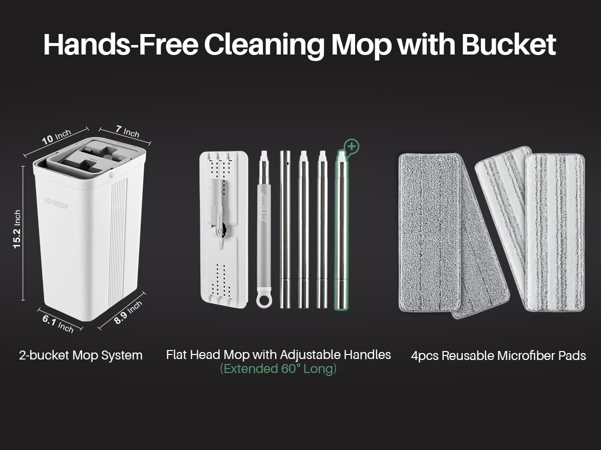 AUCT 23155 - JOYMOOP Flat Mop System, Microfiber Mop and Bucket Set, White, Commercial & Household Use, - Image 4