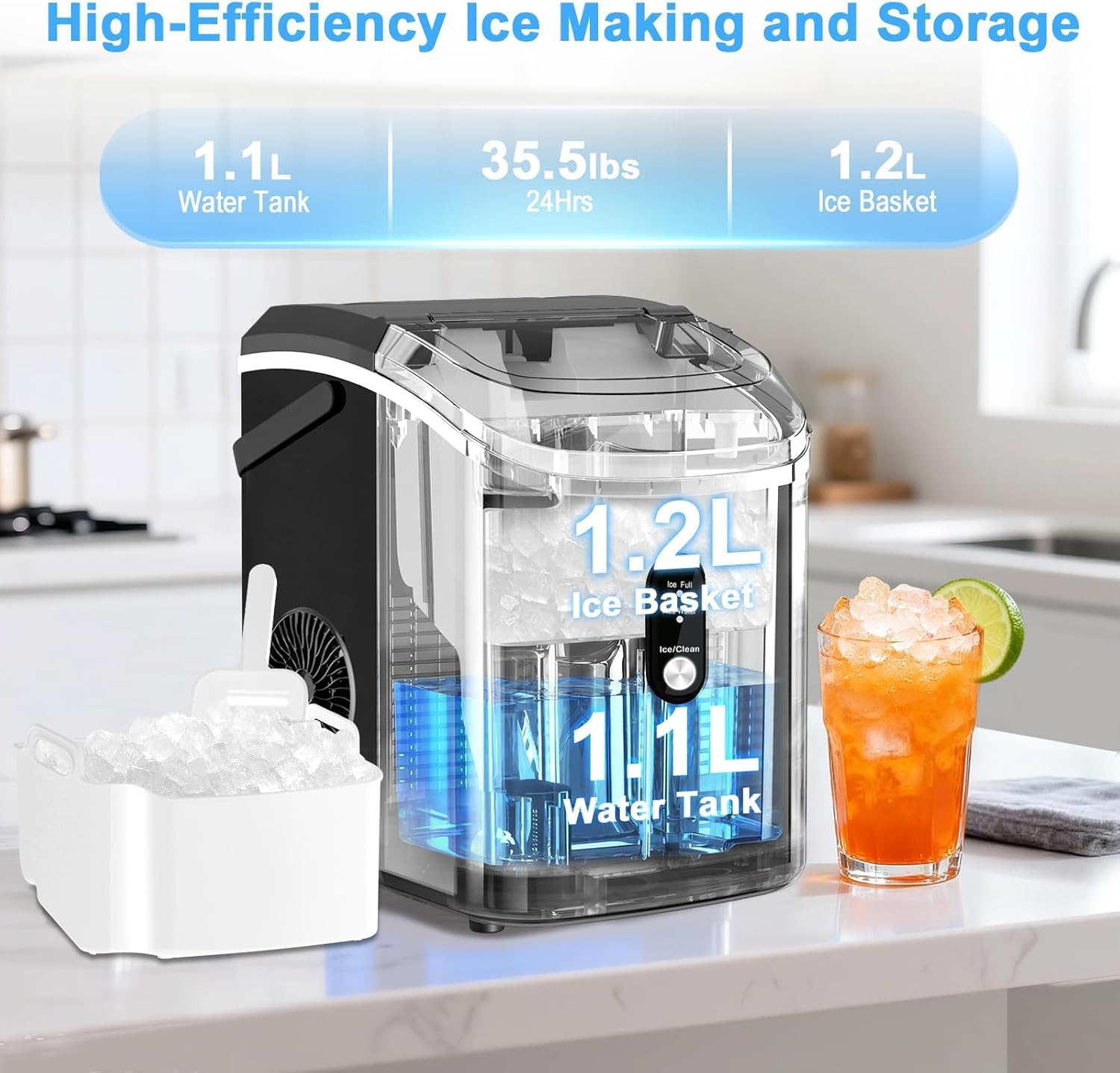 AUCT 23191 - $180 Nugget Ice Maker Countertop with Handle, Chewable Pellet Ice Maker with Self-Cleaning - Image 2