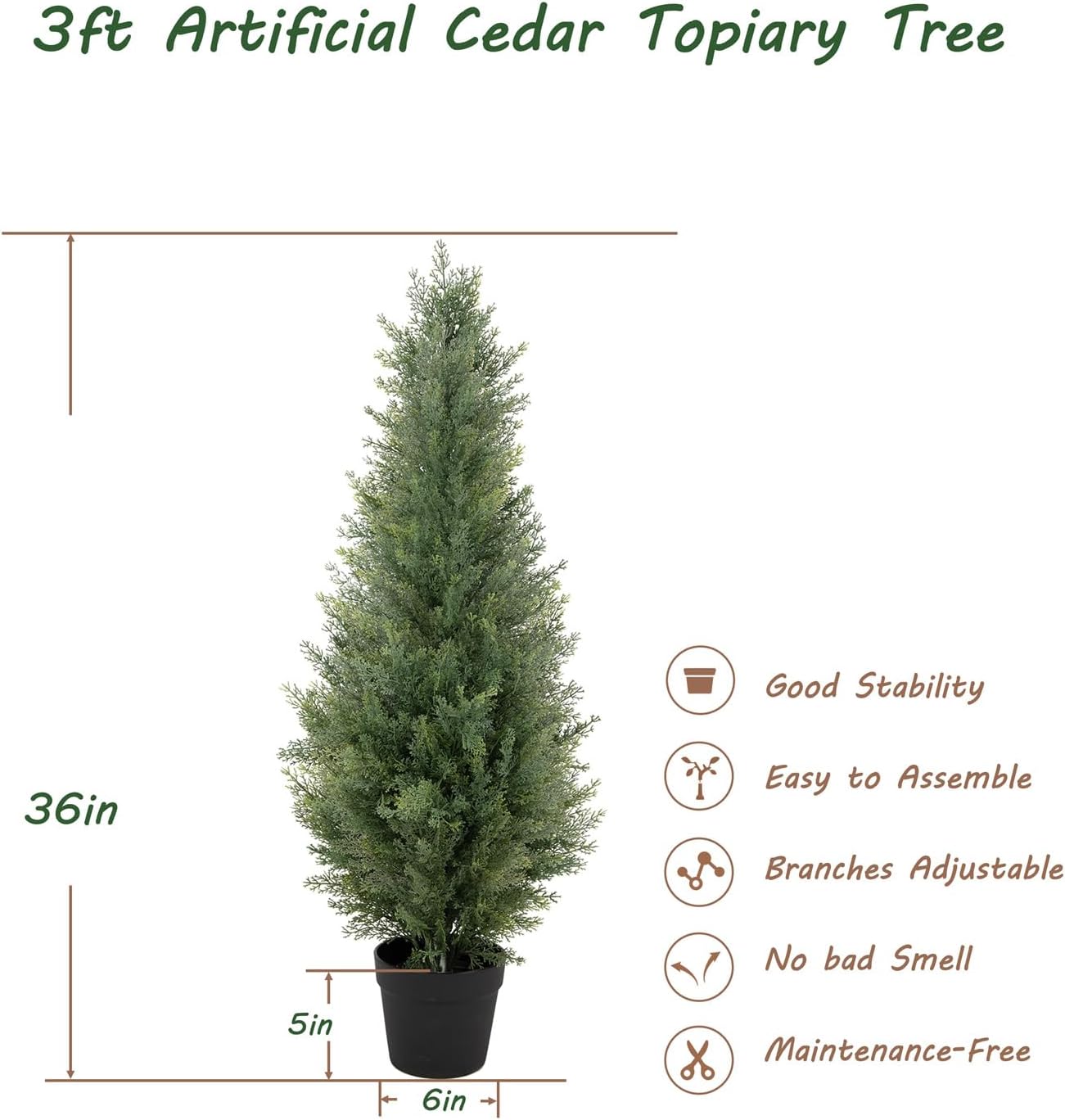 AUCT 23007 - Bellacat 3ft UV Resistant Artificial Topiary Trees Outdoor, 35in Faux Cedar Tree with Full - Image 4