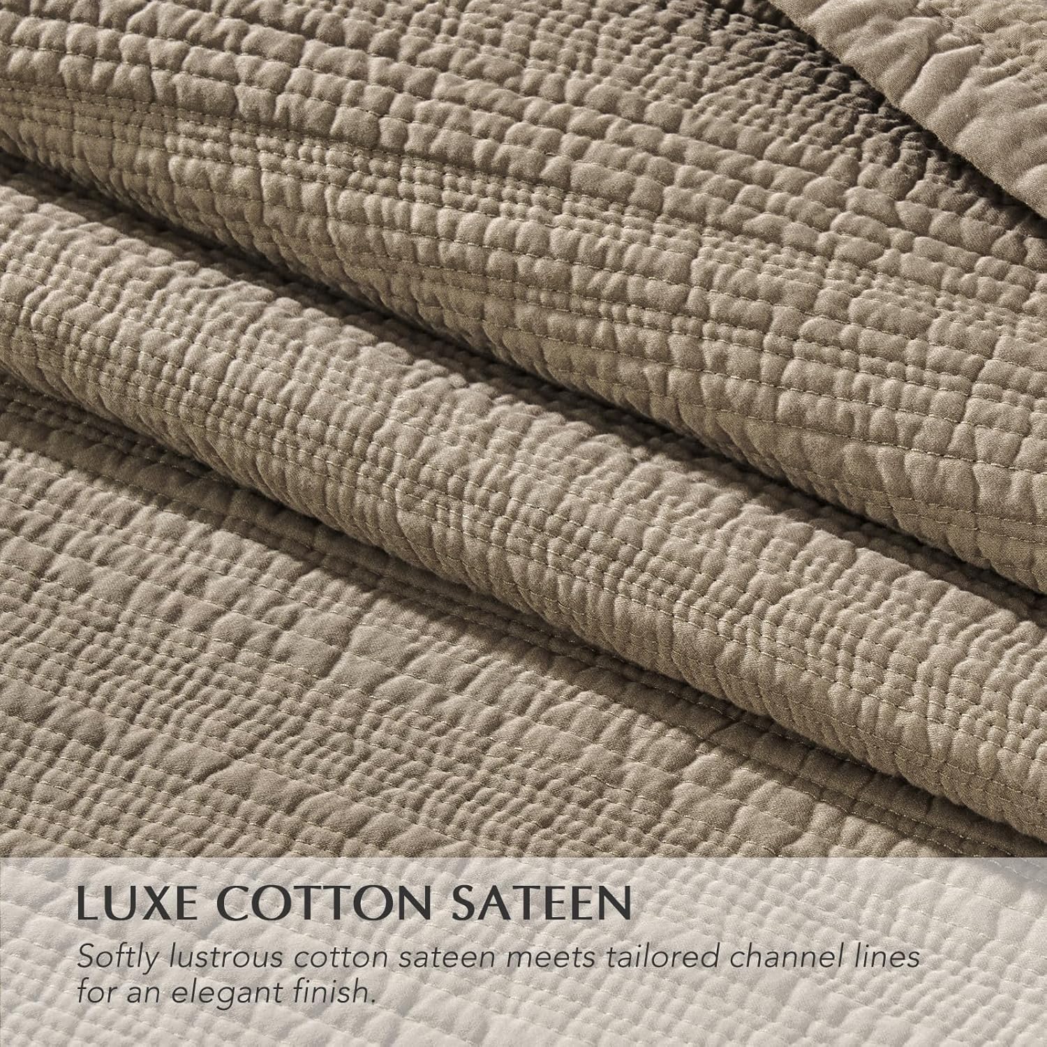 AUCT 23110 - $120 EVERGRACEHOME Cotton Sateen Channel Quilt Set, King Size, Stone Taupe - Image 3