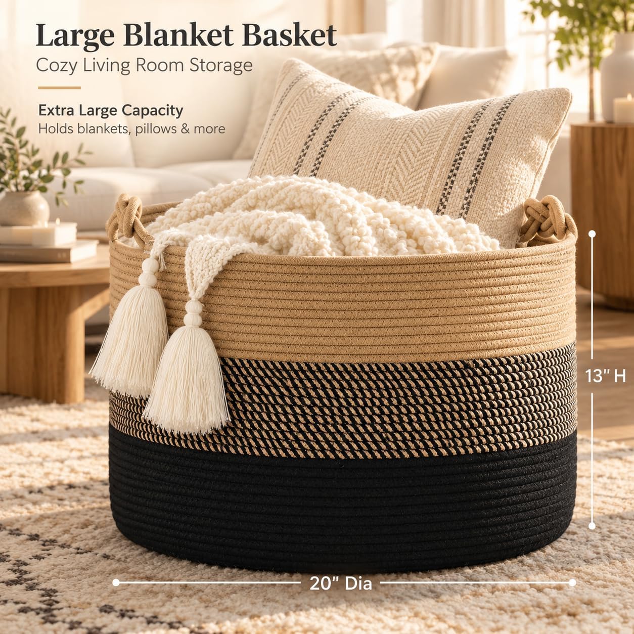 AUCT 23909 - KAKAMAY Large Blanket Basket (20"x13"),Woven Rope Baskets for storage Baby Laundry Hamper, - Image 2