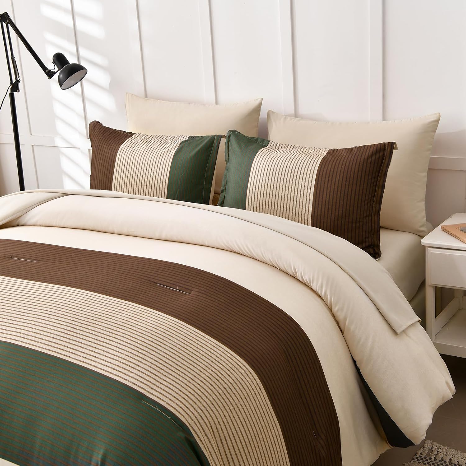 AUCT 22989 - $57 Anibedding Striped Comforter Set Queen Size, Boho Brown Green Striped Bedding Comforte - Image 4