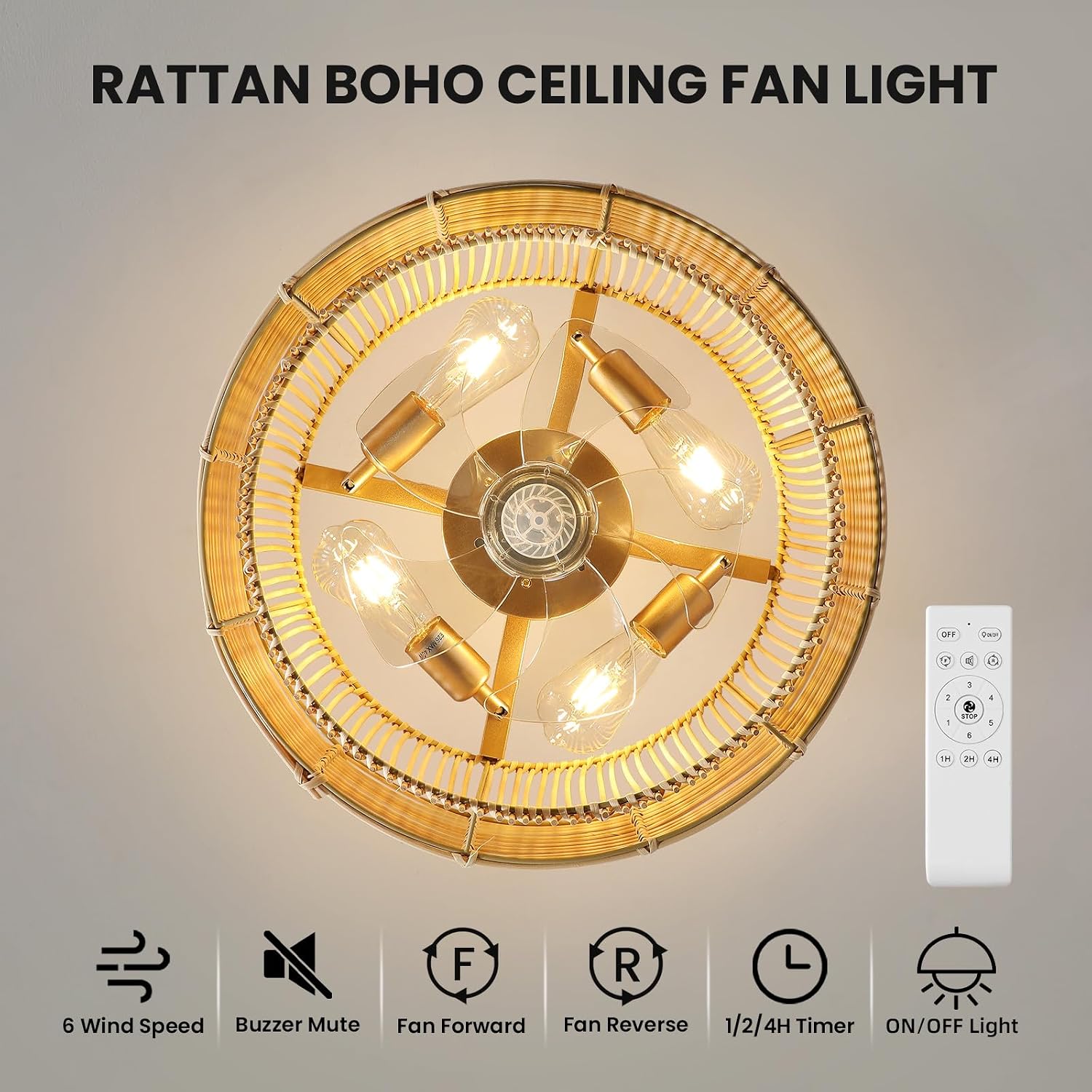 AUCT 24943 - $104 Rattan Boho Ceiling Fans Lights: 19.3' Low Profile Layered Ceiling Fans with Light & - Image 2