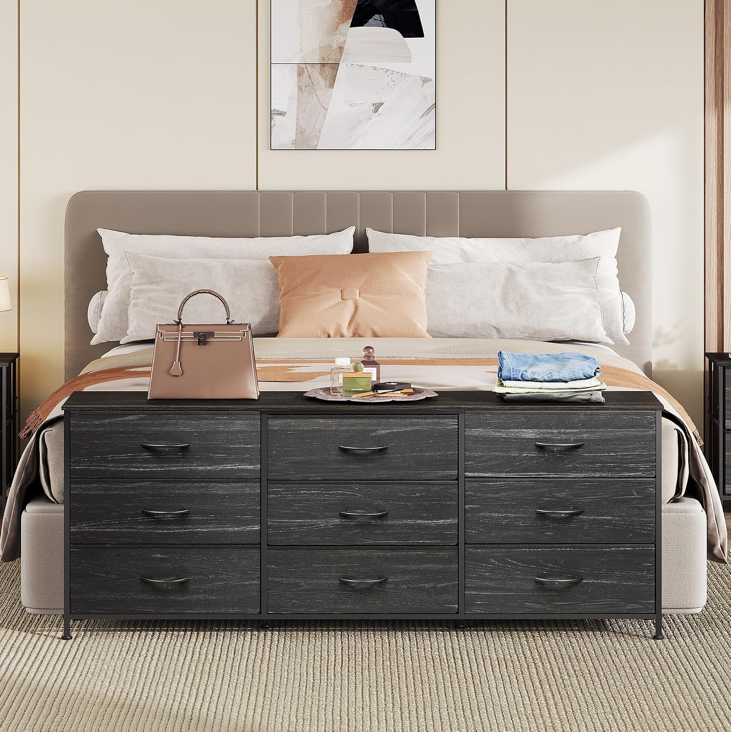 AUCT 23281 - $86 WLIVE Dresser TV Stand for 75 Inches TV, 9 Fabric Drawers, Black Wood Grain - Image 2