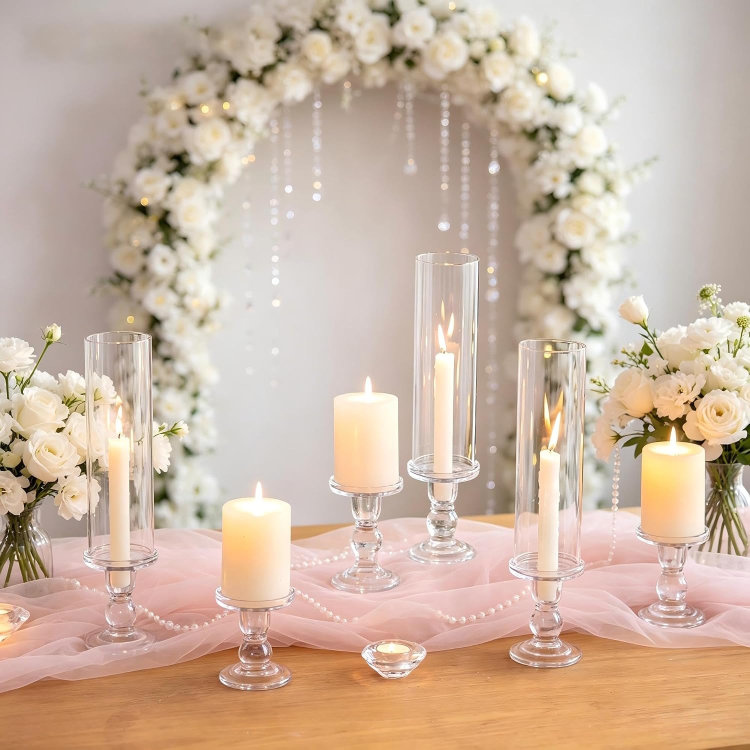 AUCT 23290 - $70 NUPTIO Hurricane Candle Holder for Centerpiece: Set of 6 Glass Candlestick Taper Holde