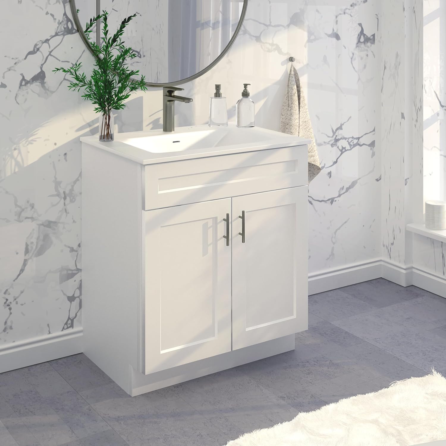 AUCT 22877 - $144 La Royal White Shaker Sink Base Bathroom Vanity Ready-to-Assemble Cabinet 30" Width