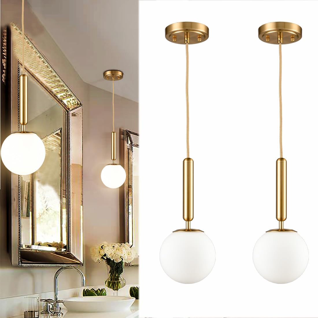 AUCT 23195 - $106 DIRYZON Brass Pendant Lights Kitchen Island Set of 2,Modern Hanging Light Fixture Glo