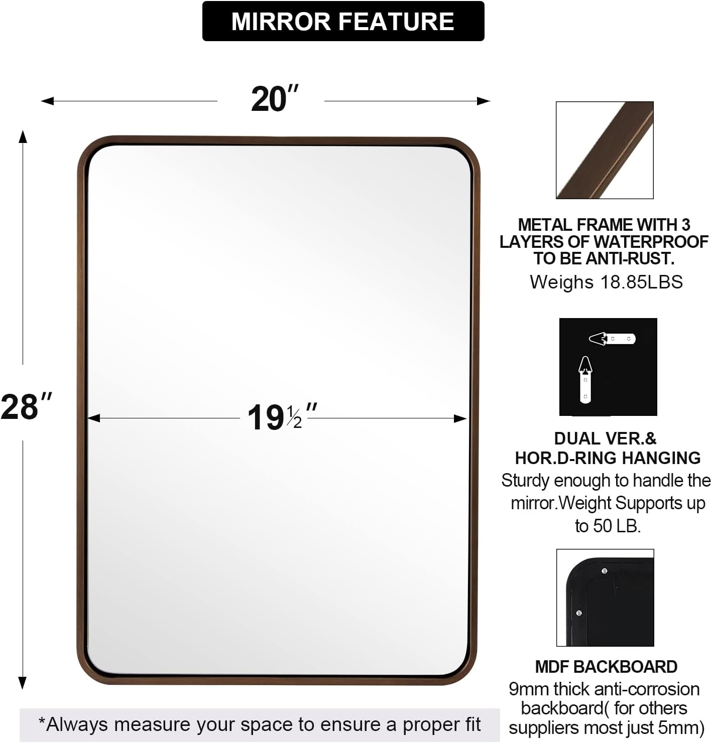 AUCT 24991m - $205 Bronze Mirror for Wall, 20x28 Rounded Rectangle Farmhouse Mirror, Brushed Bronze Bath - Image 2